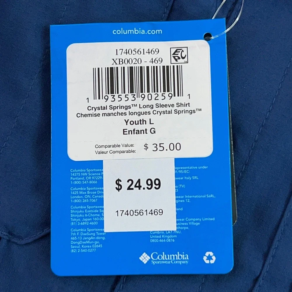 Columbia Youth Large Blue Crystal Springs PFG Long Sleeve Fishing Shirt NWT